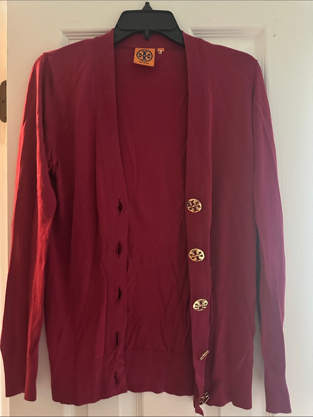Tory Burch Deep Red Gold-Button Cardigan